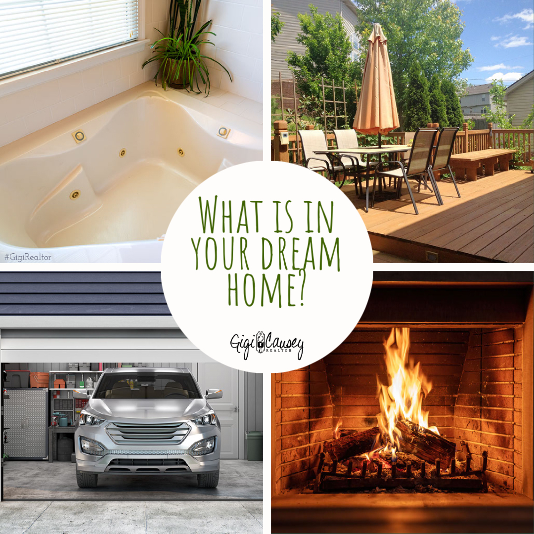Four images: a deep tub with jets, a deck, a garage and a lit fireplace.