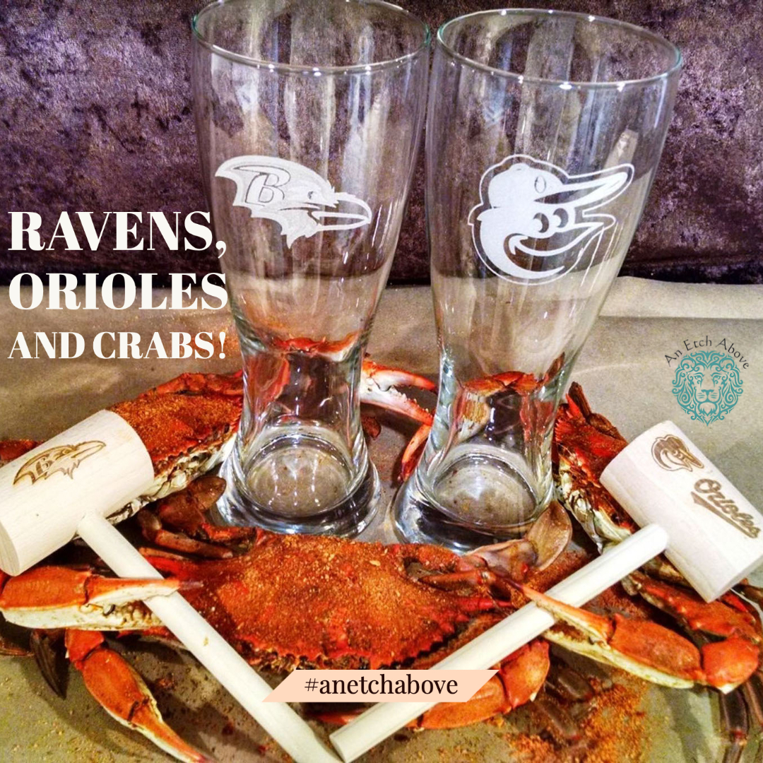 Custom etched glasses and crab hammers.