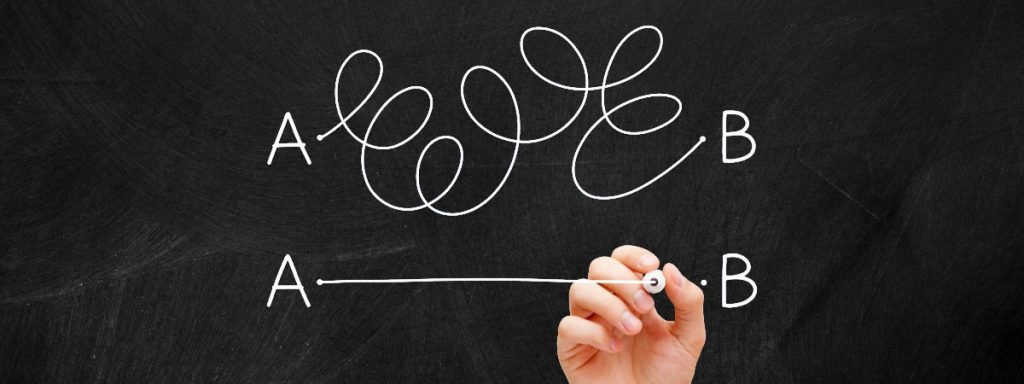 A blackboard with two lines from point A to Point B. One is straight and the other is full of curlicues.